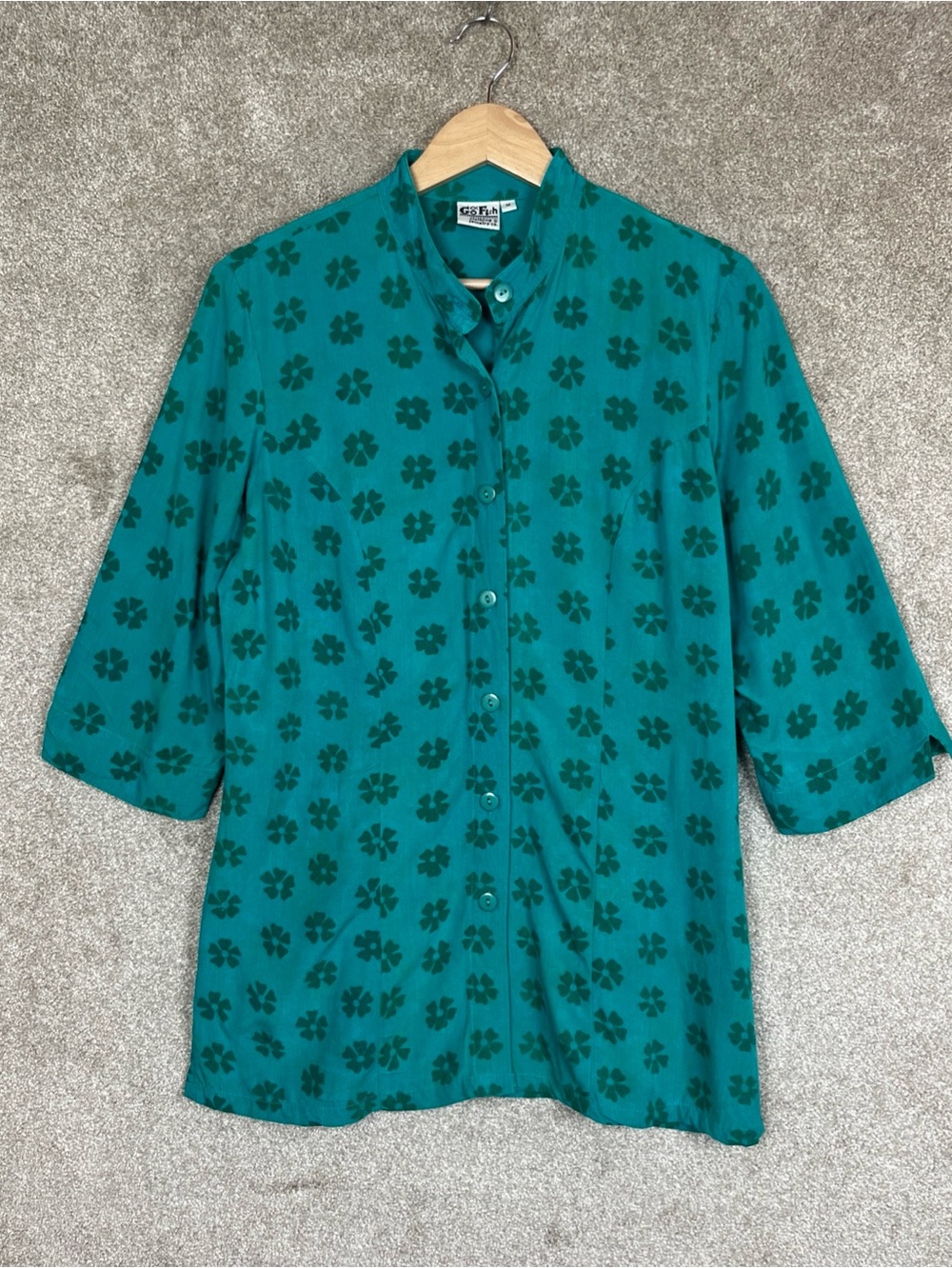 Go Fish Shirt Womens Medium Green Floral Rayon Button Front 3/4 Sleeve- 4931